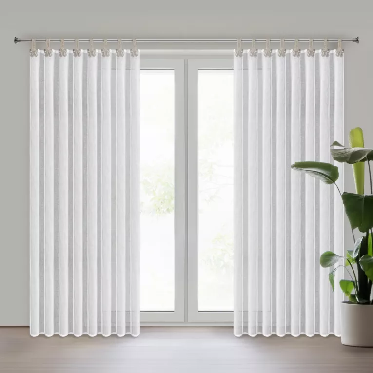 Firana biało, beżowa zdobiona kokardkami 140x250 cm szelki MELISA Eurofirany