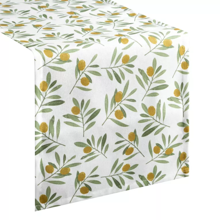Bieżnik na stół plamoodporny 40x140 cm biało, zielony z motywem oliwek - ERIN Eurofirany