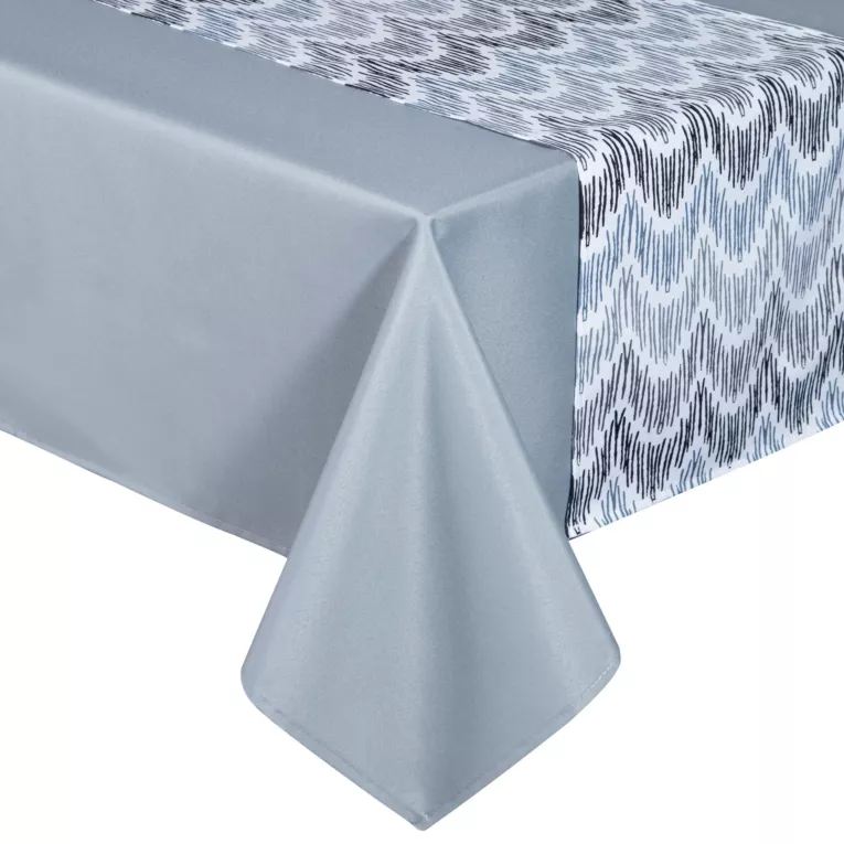 Komplet obrus z bieżnikiem popielato, biały 140x180/33x180 cm ANITA 2 zdobiony subtelnym wzorem geometrycznym