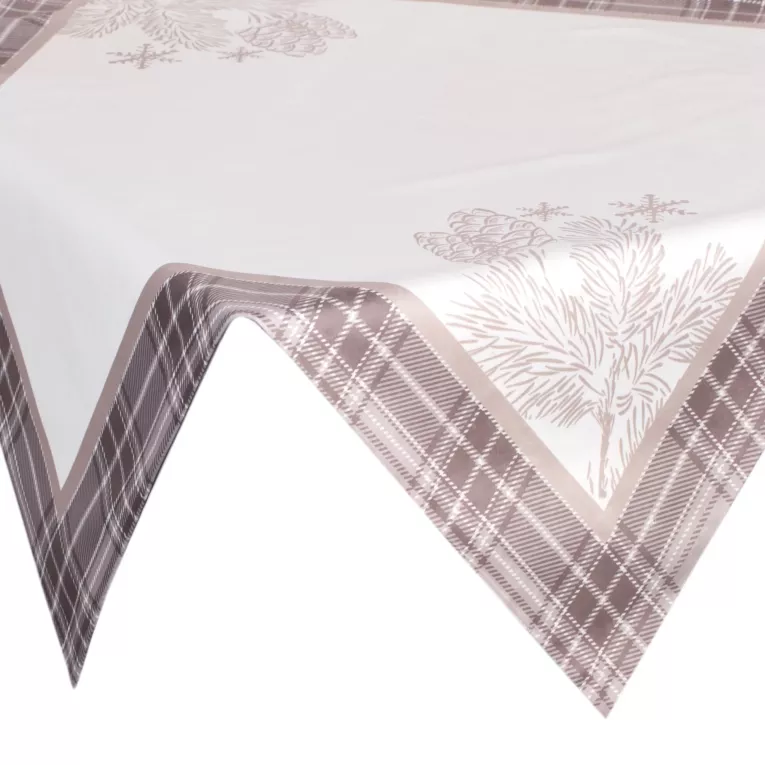 Obrus na stół beżowo, biały 85x85 cm welwetowy HOLLY z motywem świątecznymi i ozdobną kantą w kratę