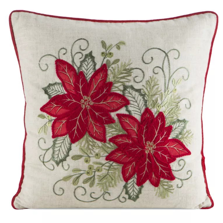 Poszewka na poduszkę świąteczna 45x45 cm kremowo, czerwona zdobiona haftem gwiazd betlejemskich Eurofirany