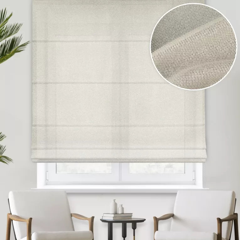 Roleta rzymska ciemnokremowa z drobnej siateczki, wykończona obciążnikiem
