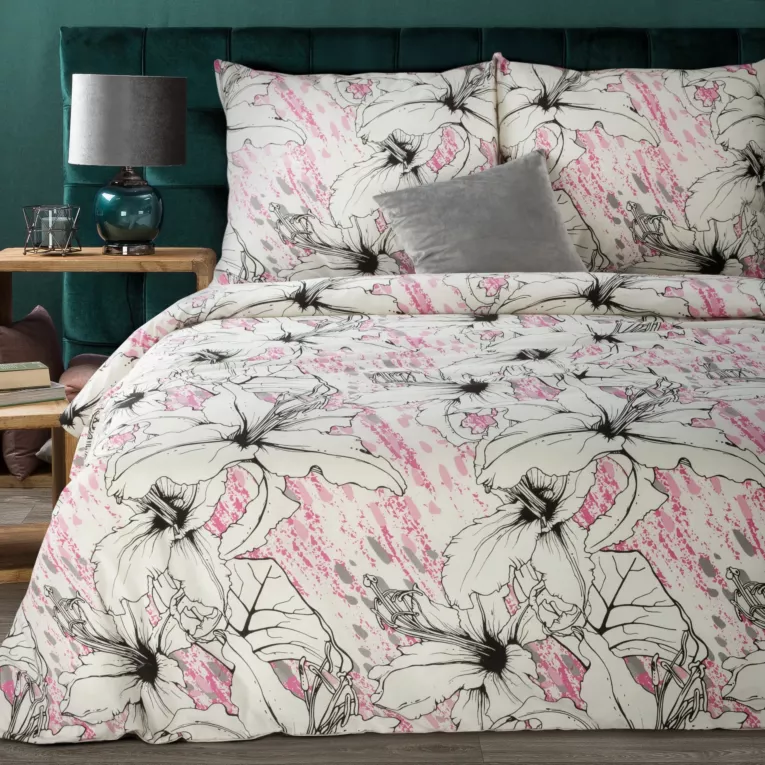 Pościel 220x200 cm bawełniana kolor kremowy, różowy wzór kwiatowy ELLA5 Ella Line Eurofirany