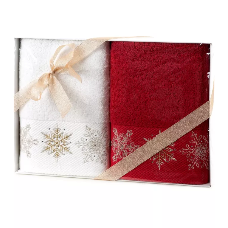 Zestaw ręczników światecznych bawełnianych 2 szt 50x90 cm kolor biały,czerwony 420 g/m2 JOY 06  Eurofirany