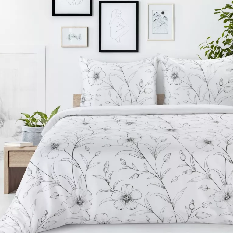 Pościel 140x200 cm satyna bawełniana kolor biało, czarny z wzorem roślinnym SPRING 64