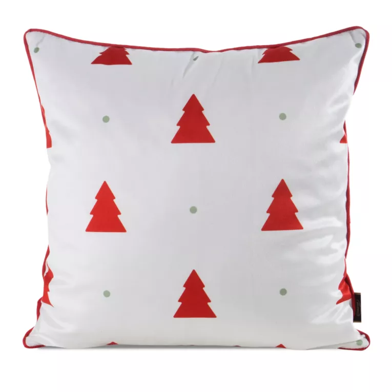 Poszewka na poduszkę świąteczna 45x45 cm biało, czerwona zdobiona nadrukiem choinek i elegancką wypustką Eurofirany