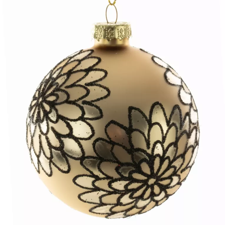 Złota szklana bombka choinkowa zdobiona brokatowym wzorem kwiatów 8 cm Eurofirany