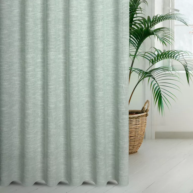 Zasłona szyta na przelotkach miętowa z matowej luźnotkanej tkaniny z efektem melanżu, wykończona obciążnikiem