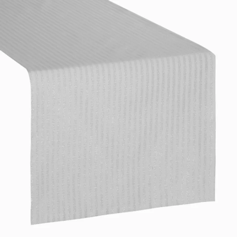 Bieżnik na stół srebrny 40x140 cm z żakardowej tkaniny FLASH w prążki przetykane srebrną nicią
