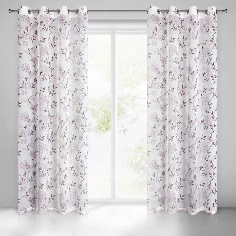 Firana biało, fioletowa półprzezroczysta z lekkiej matowej etaminy z nadrukiem kwiatów 140x250 cm przelotka FIONA Eurofirany