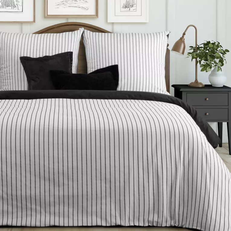 Pościel 140x200 cm komplet 2 częściowy z satyny bawełnianej kolor biało, czarny w paseczki RAYA Eurofirany