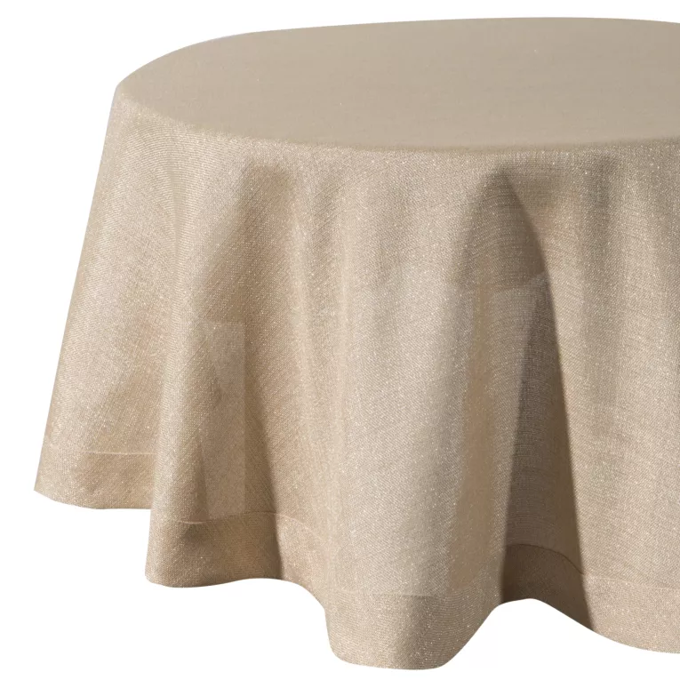 Obrus okrągły złoty średnica 120 cm o płóciennym splocie BIANCA 1 z dodatkiem błyszczącej nici wykończony podwójną listwą na brzegach