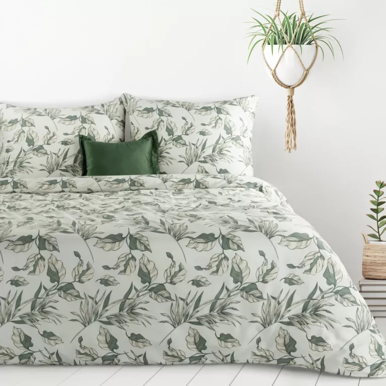 Pościel 140x200 cm komplet 2 częściowy kolor zielono, biały z motywem liści DONNA Design 91 Eurofirany