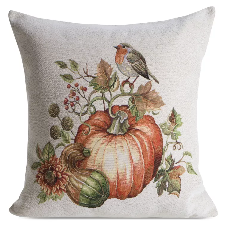 Poszewka na poduszkę 45x45 cm gobelinowa z motywem jesieni naturalno, pomarańczowa GOB Eurofirany