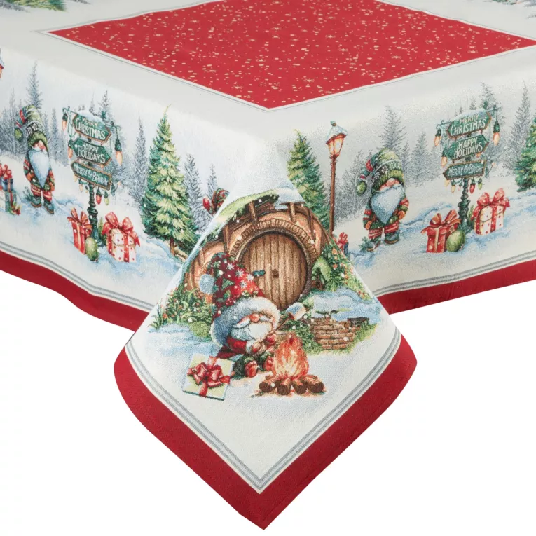 Obrus czerwono, naturalny 100x100 cm gobelinowy z motywem mikołaja w zimowej scenerii
