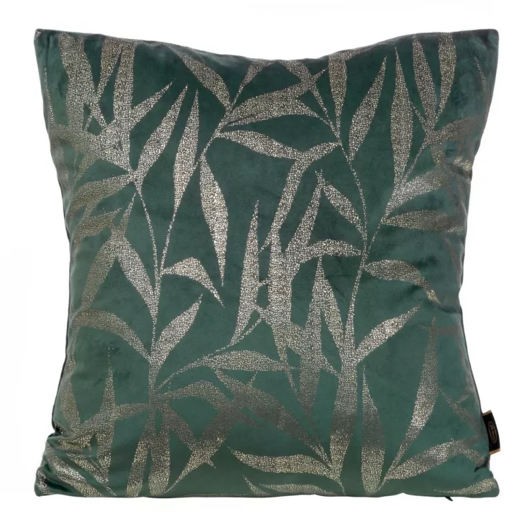 Poszewka na poduszkę 45x45 cm welwetowa ze złocistym nadrukiem liści ciemnomiętowa BLINK 22 Eurofirany