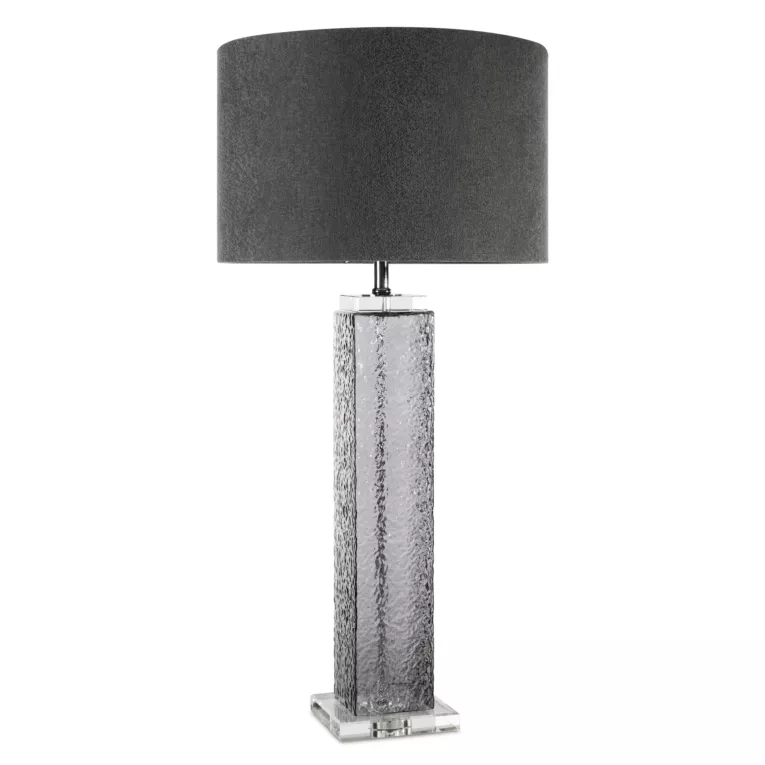 Lampa stojąca do pokoju stalowo, popielata KASI z szklaną podstawą i błyszczącym abażurem Eurofirany