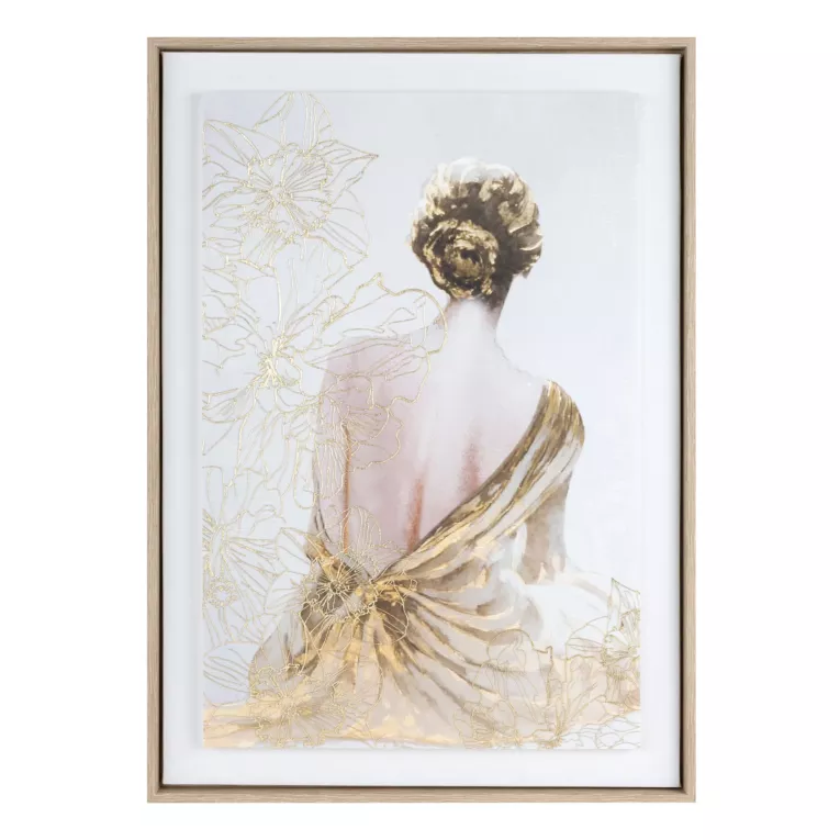 Obraz kremowo, złoty dekorayjny z artystycznym motywem postaci oprawiony w ramę 50x70 cm Eurofirany