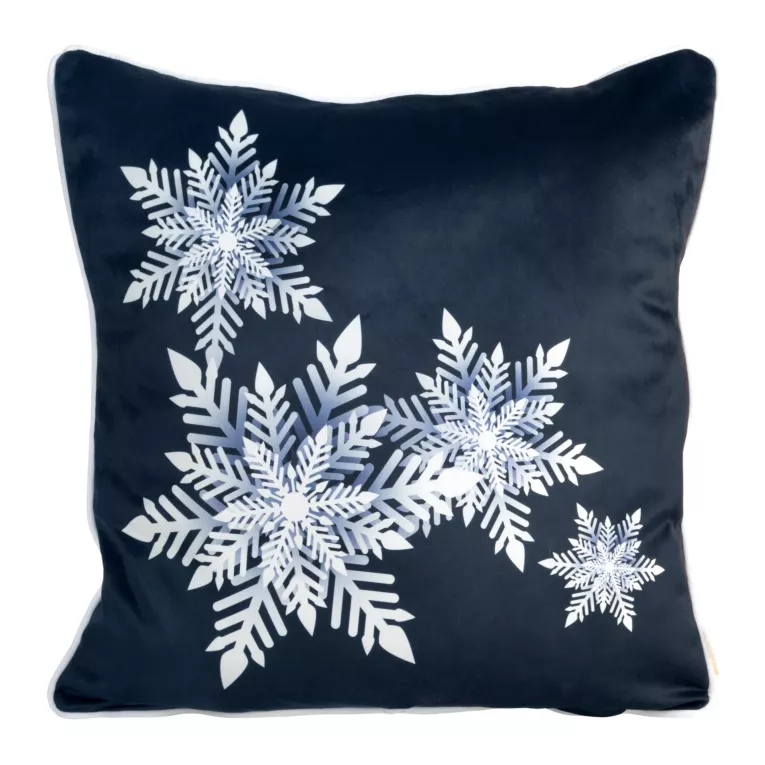Poszewka na poduszkę 60x60 cm welwetowa zdobiona nadrukiem ze śnieżynkami granatowo, biała CAROL Eurofirany