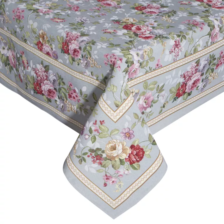 Obrus popielato, czerwony 140x180 cm gobelinowy zdobiony motywem kwiatów