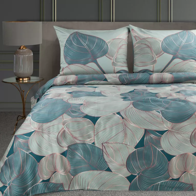 Pościel 160x200 z makosatyny bawełnianej kolor szałwiowy, miedziany z wzorem botanicznym SALVIA 4 Limited Collection Eurofirany