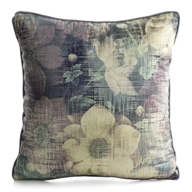 Poszewka na poduszkę 45x45 cm welwetowa fioletowo, granatowa z roślinnym nadrukiem VELVET 201 Eurofirany