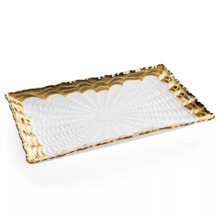 Patera dekoracyjna biało, złota z dekoracyjnym tłoczeniem 32x19x3 cm ESTER Eurofirany