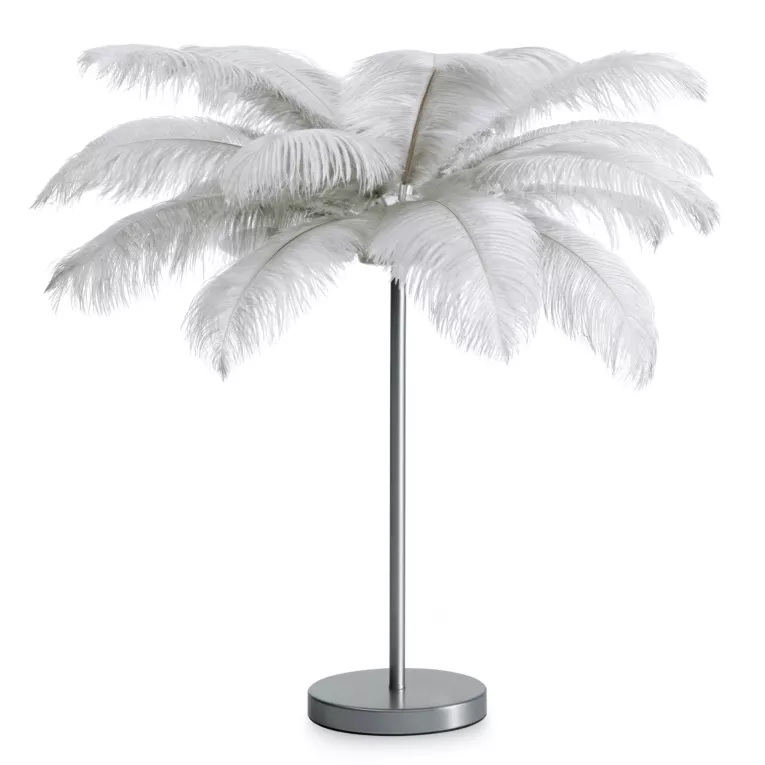 Lampa stojąca do salonu srebrna FERI na metalowej podstawie z niezwykle efektownym abażurem z naturalnych strusich piór Eurofirany
