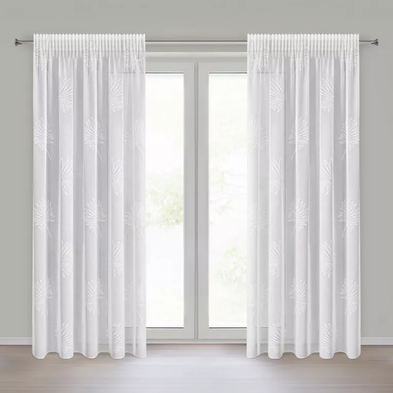 Firana biała z lekkiej etaminy z żakardowym motywem liści 140x270 cm taśma JANE Eurofirany
