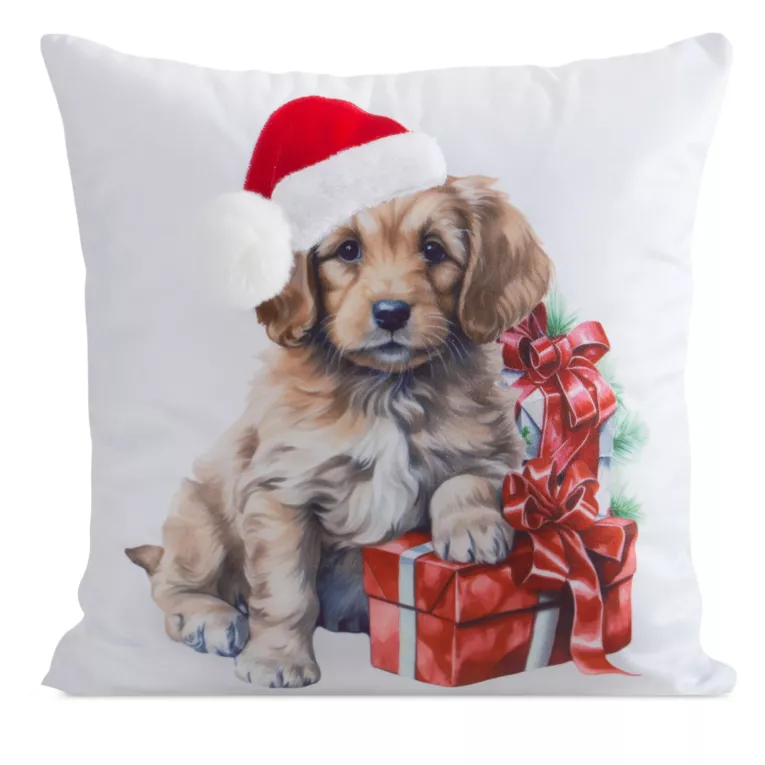 Poszewka na poduszkę świąteczna 45x45 cm welwetowa biało, czerwona zdobiona uroczym nadrukiem pieska Eurofirany