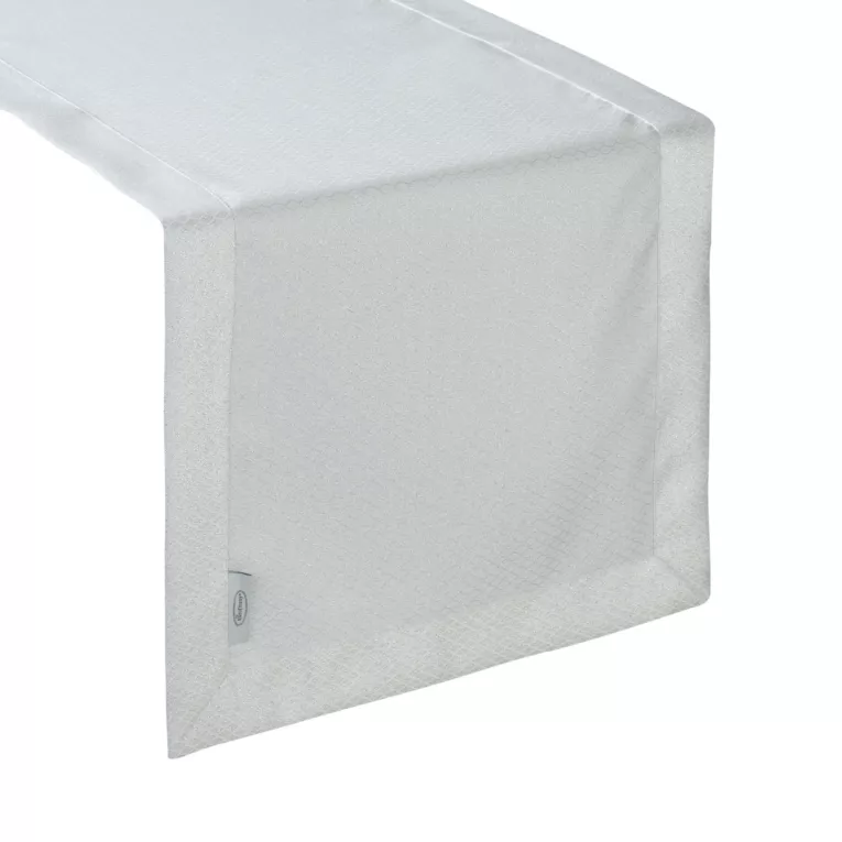 Bieżnik na stół biało, srebrny 40x180 cm JOWITA zdobiony srebrną błyszczącą nicią w wzór geometryczny z elegancką listwą
