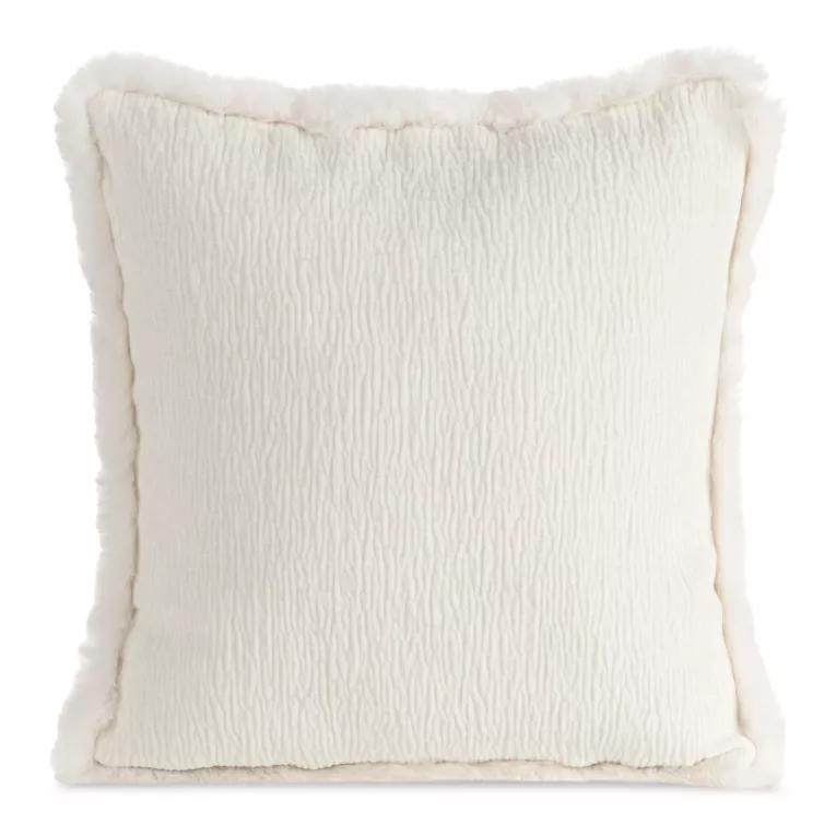 Poszewka na poduszkę 45x45 cm kremowa szenilowa zdobiona futerkiem na brzegach poszewki BLANCA 05 Eurofirany