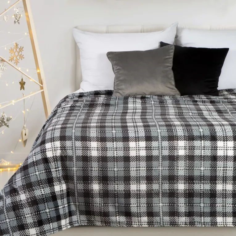 Koc akrylowy 150x200 cm stalowo, biały z motywem kraty SANTA Eurofirany