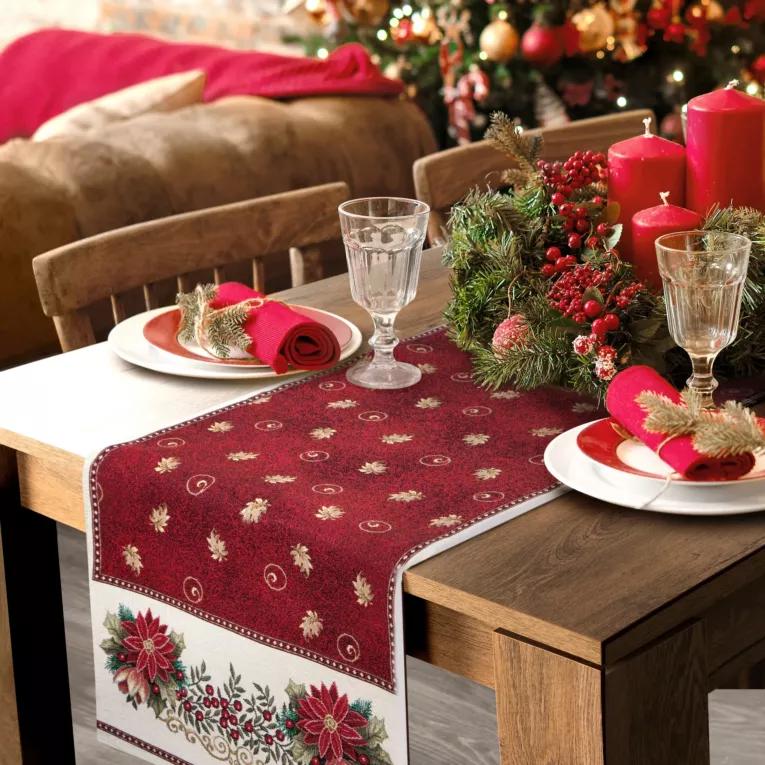 Bieżnik na stół czerwono, beżowy 40x100 cm gobelinowy z mieszanki włókien zdobiony wzorem świątecznym