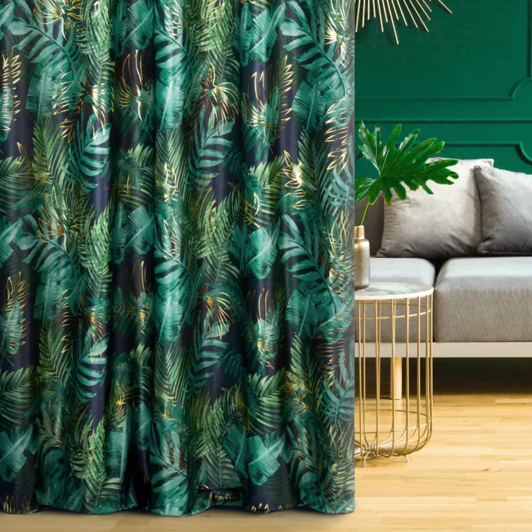 Zasłona szyta na taśmie 5 cm czarno zielona miękka, welwetowa, z błyszczącym nadrukowanym motywem botanicznym