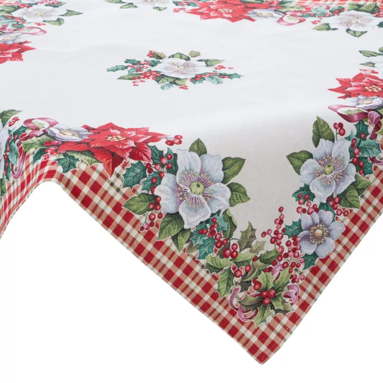 Obrus naturalno, czerwony 140x180 cm świąteczny gobelinowy zdobiony motywem gwiazd betlejemskich