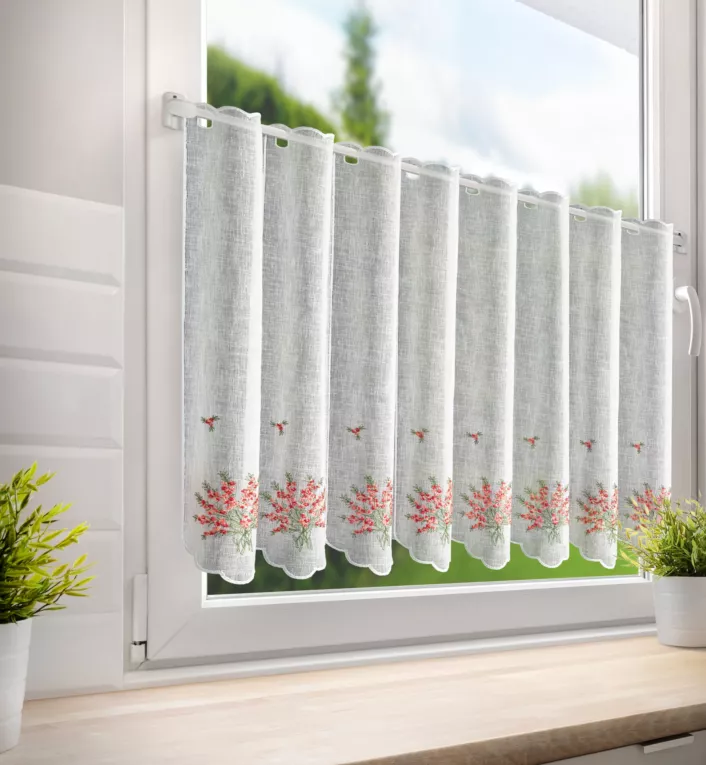 Tkanina firanowa zazdrostka zdobiona haftem różowych kwiatów Eurofirany