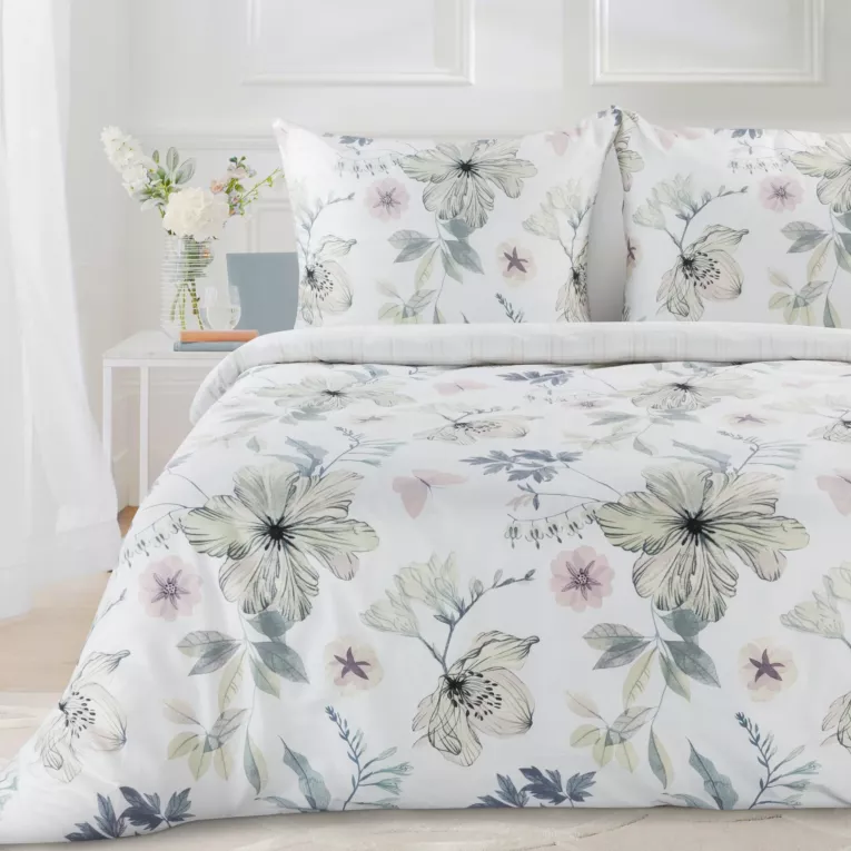 Pościel 220x200 cm bawełniana kolor biały, zielony z wzorem kwiatowym SPRING 37 Eurofirany
