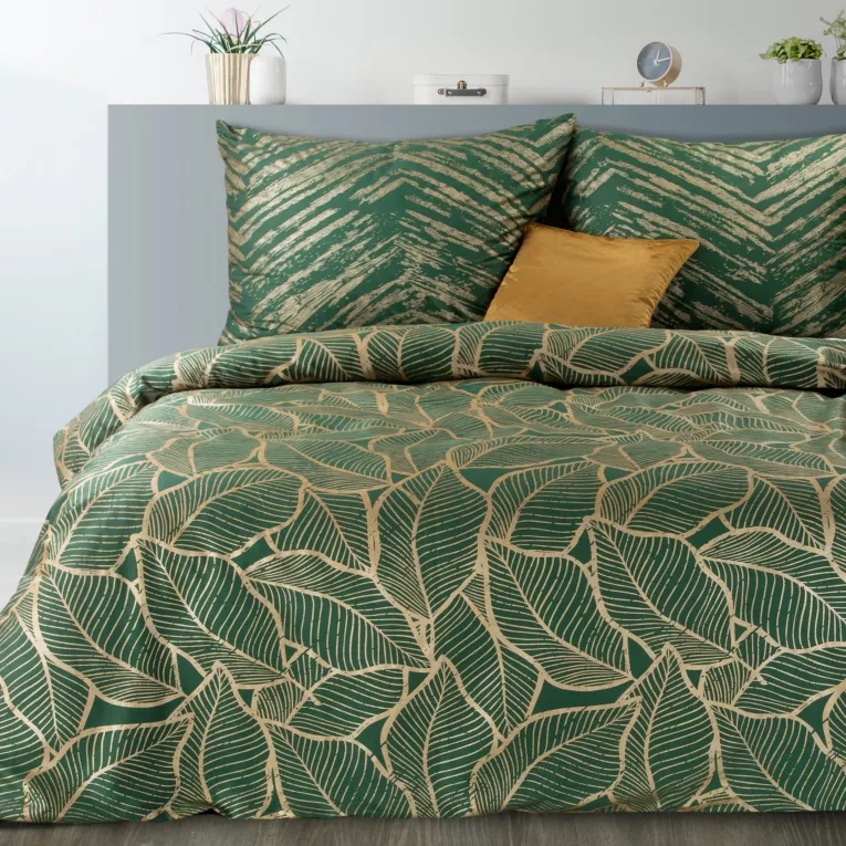 Pościel 160x200 bawełniana kolor ciemnozielony, złoty z metalicznym nadrukiem w eleganckim pudełku METALI 16 Eurofirany
