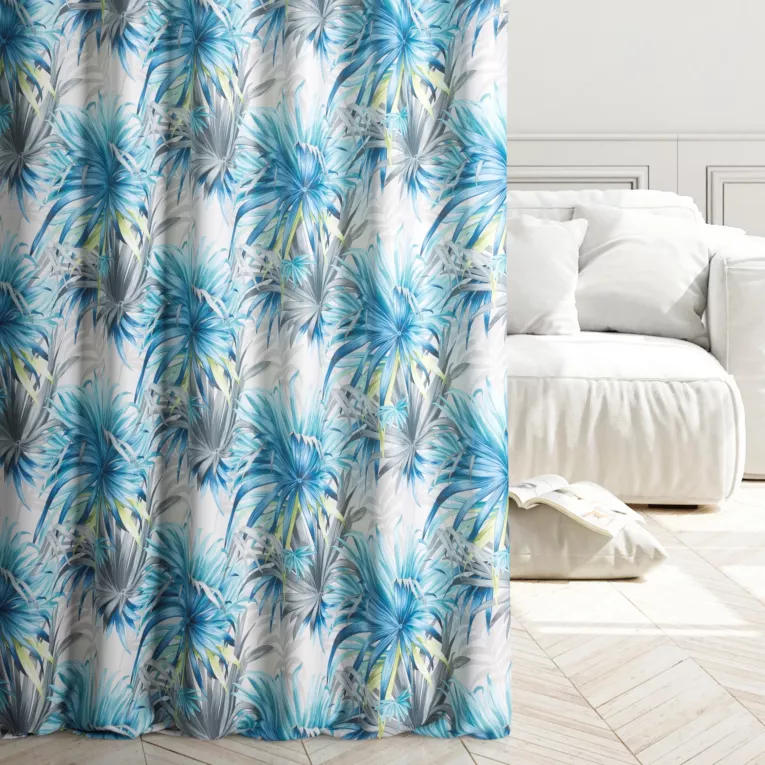 Tkanina zasłonowa zaciemniająca typu dimout z motywem egzotycznych liści Eurofirany