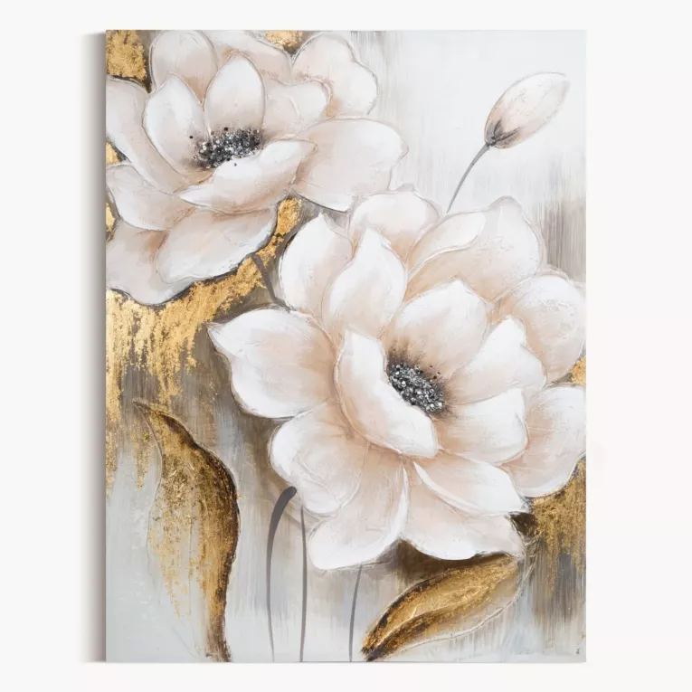 Obraz ręcznie malowany na płótnie z motywem kwiatowym z złotymi akcentami