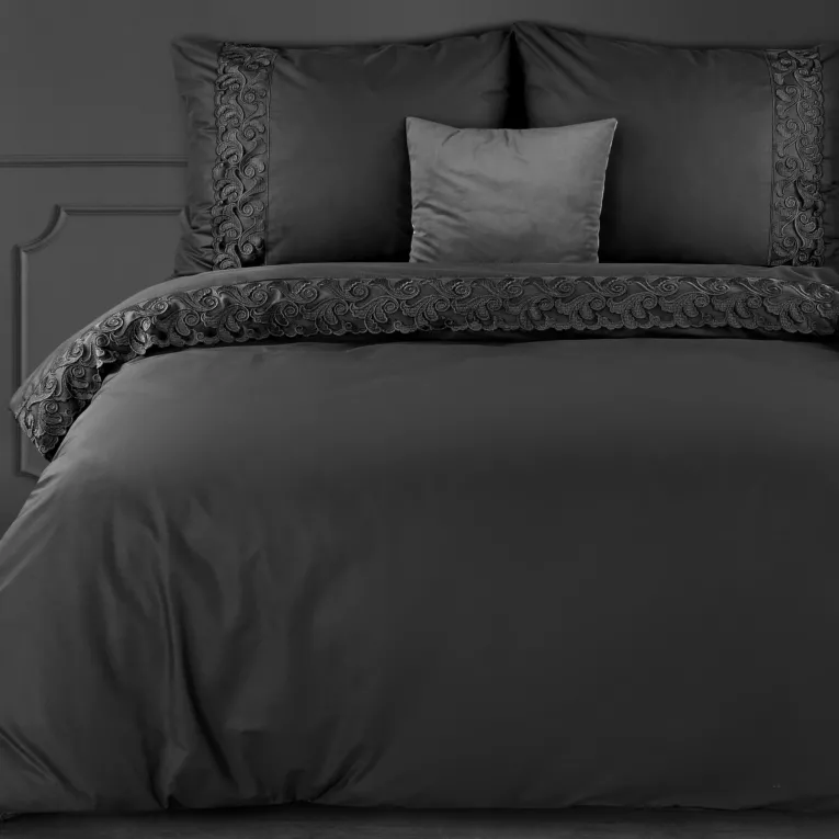Pościel 160x200 cm komplet 3 częściowy z bawełny renforce kolor czarny zdobiona elegancką koronką LANA3 Eurofirany Premium