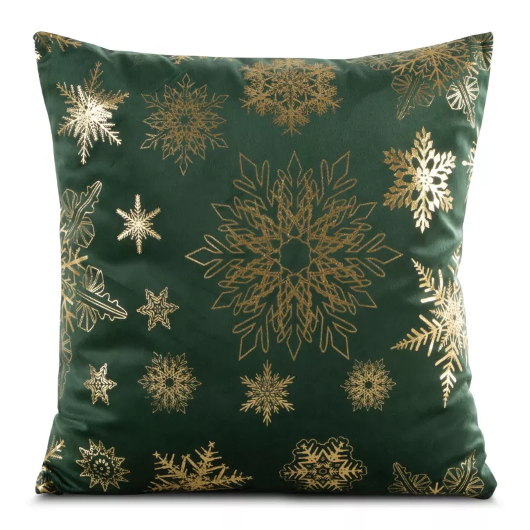 Poszewka na poduszkę 45x45 cm welwetowa zdobiona śnieżynkami zielono, złota JOY Eurofirany