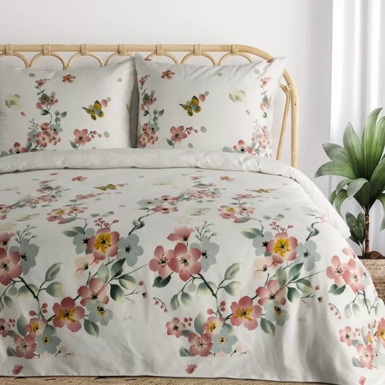 Pościel 220x200 cm z satyny bawełnianej kolor biały, różowy z wzorem kwiatowym ELLA 17 w kwiaty Eurofirany