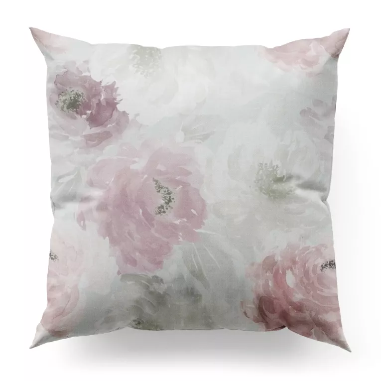 Poszewka szyta jasnokremowo pudrowa z tkaniny o naturalnym splocie z kwiatowym nadrukiem