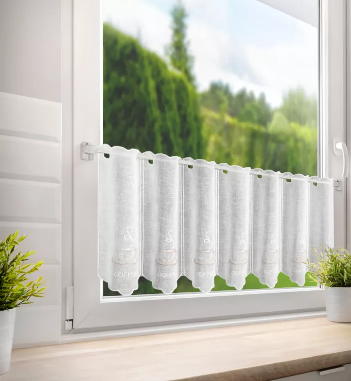 Tkanina firanowa zazdrostka zdobiona haftem filiżanki kawy