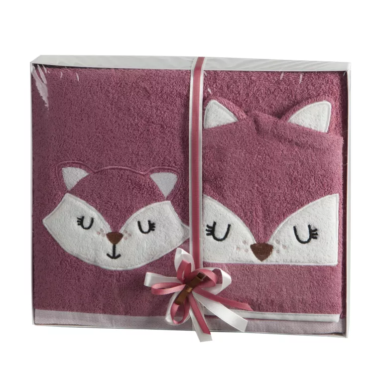 Zestaw upominkowy, ręcznik bawełniany 70x140 cm z myjką 15x21 cm kolor ciemnoróżowy zdobione motywem misia Eurofirany