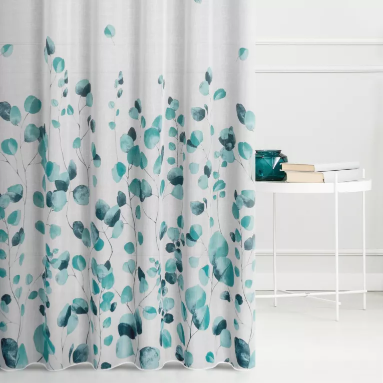 Tkanina firanowa etamina z nadrukiem liści zakończona szwem obciążającym Eurofirany