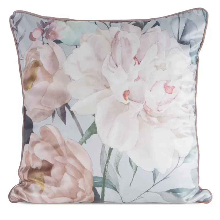 Poszewka na poduszkę 45x45 cm welwetowa srebrno, różowa  z nadrukiem kwiatów ROSITA 2 Eurofirany