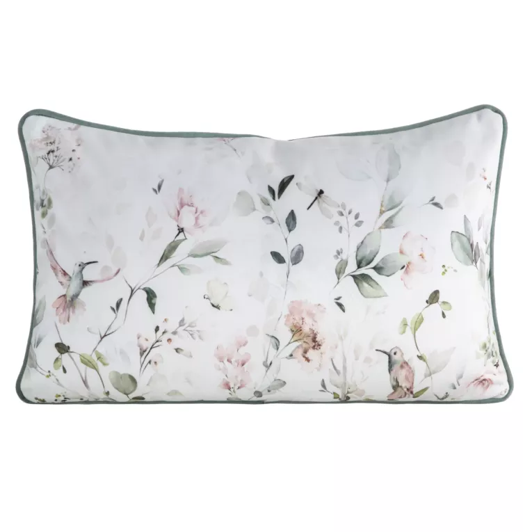 Poduszka dwustronna 45 x 30 cm welwetowa biało, zielona z motywem roślinnym z wypustką na brzegach INEZ EUROFIRANY PREMIUM
